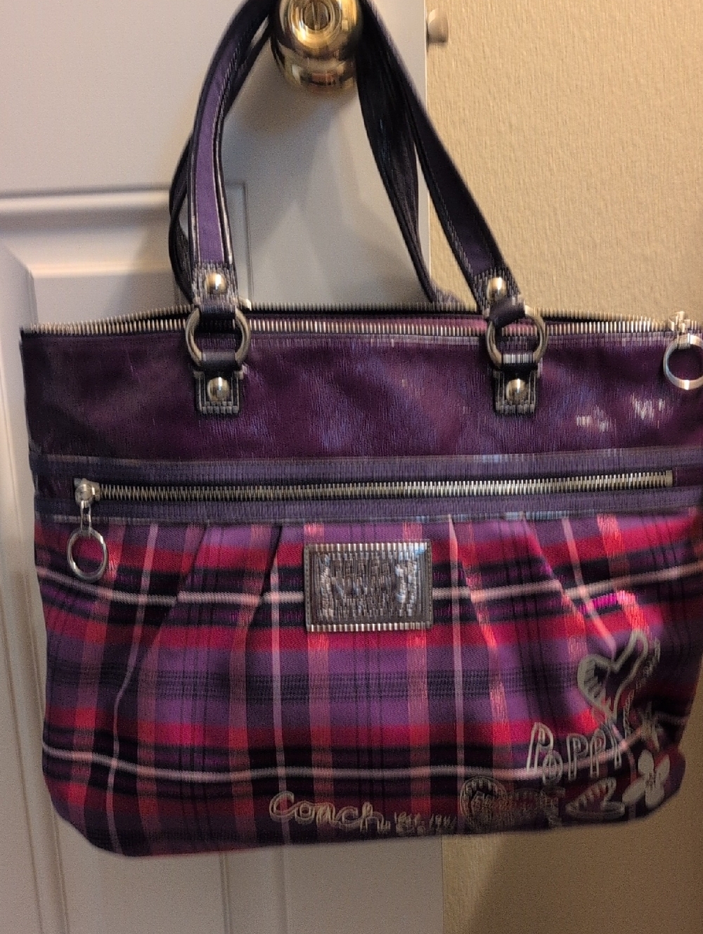 Coach Poppy Plaid Purple Tote Bag with Front Zip Pocket